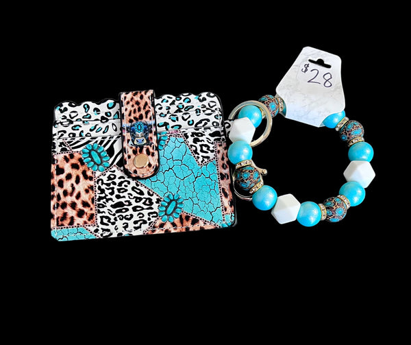 Turquoise and Cheetah Wristlet and wallet set