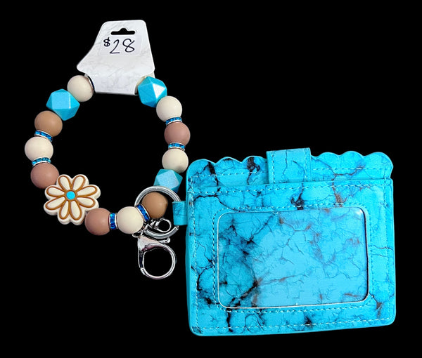 Turquoise and Tan Wristlet and Wallet set